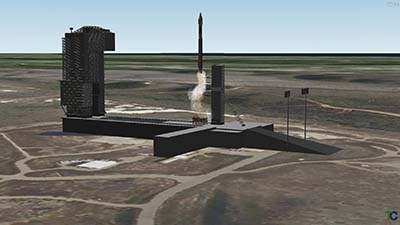 3D simulation view of space launch vehicle lifting off from platform.